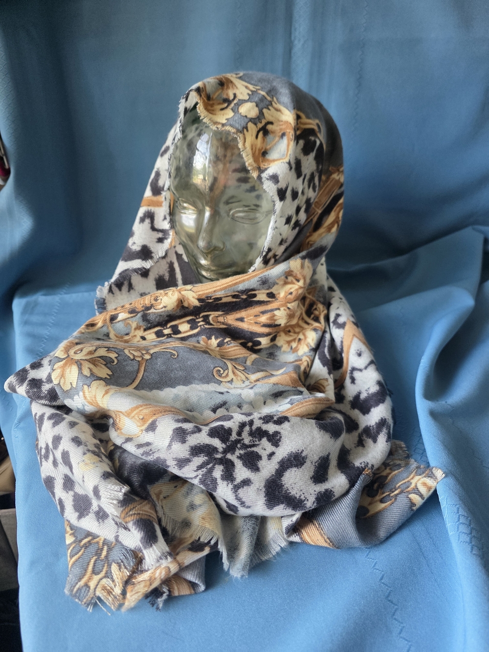 Baroque Chain Leopard Print Scarf Wrap 27x74 Raw Edge Gray & Gold Animal Print